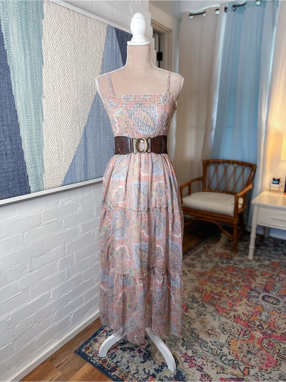 Smocked Paisley Maxi Dress in Dusty Pink